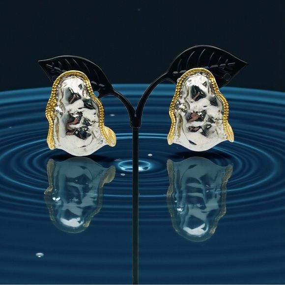 Bold Vintage Mixed Metal Molten Statement Clip Earrings Runway Avant Garde - Picture 2 of 16